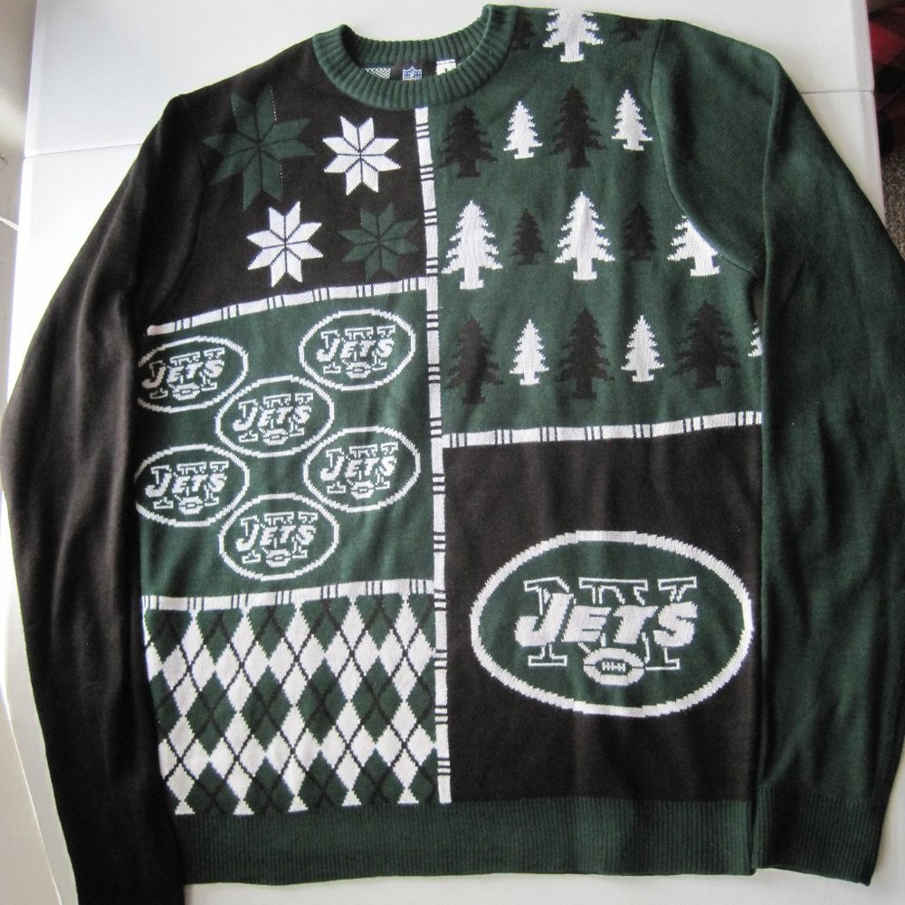 New York Jets Busy Block Ugly Christmas Sweater L Large Snow Trees Green NFL